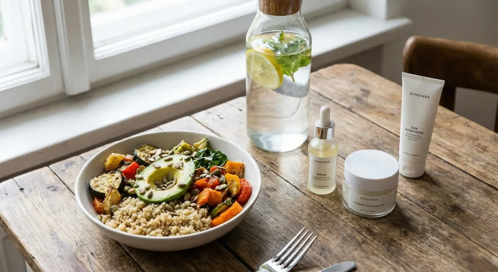 Healthy food bowl + water + skincare items