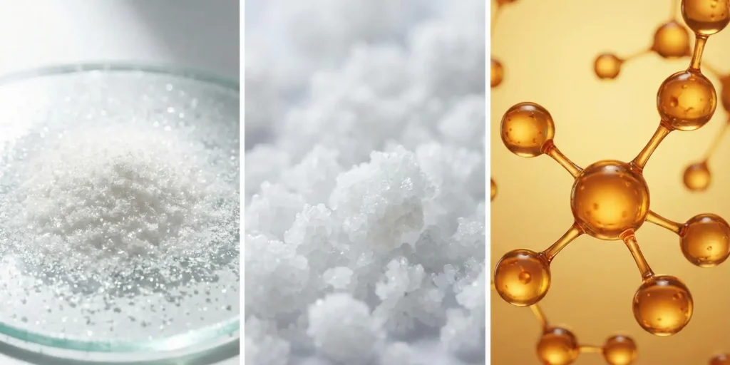 ingredients (vitamin C powder, niacinamide, retinol molecules)